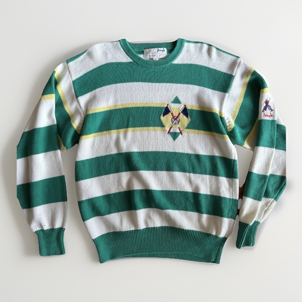 Vintage Pringle Nick Faldo Golf‎ Sweater M Green White Stripe Cotton Hong Kong